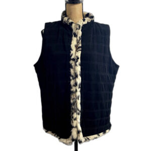 Chico's Travelers Black Quilted Vest Faux Fur Trim‎ Leopard Print Size Large (2)
